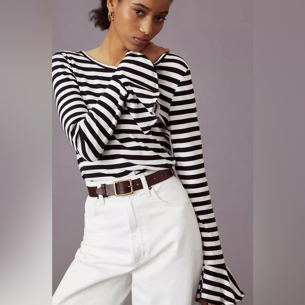 Anthropologie Maeve Flouncy White Black Striped Cotton Top Bell Sleeves Sz M